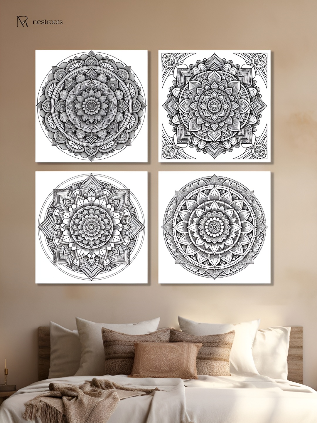 

nestroots Black & White 4 Pieces Colorable Circular Canvas Painting Wall Arts