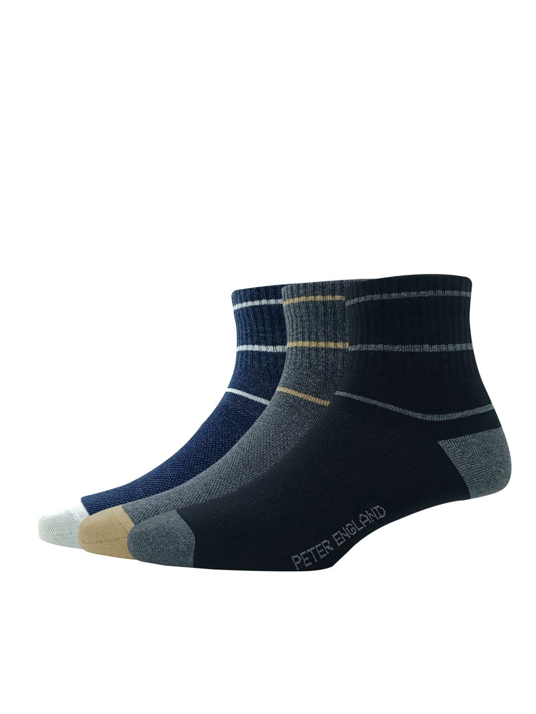 

Peter England Men Cotton Pack Of 3 Striped Above Ankle-Length Socks, Blue