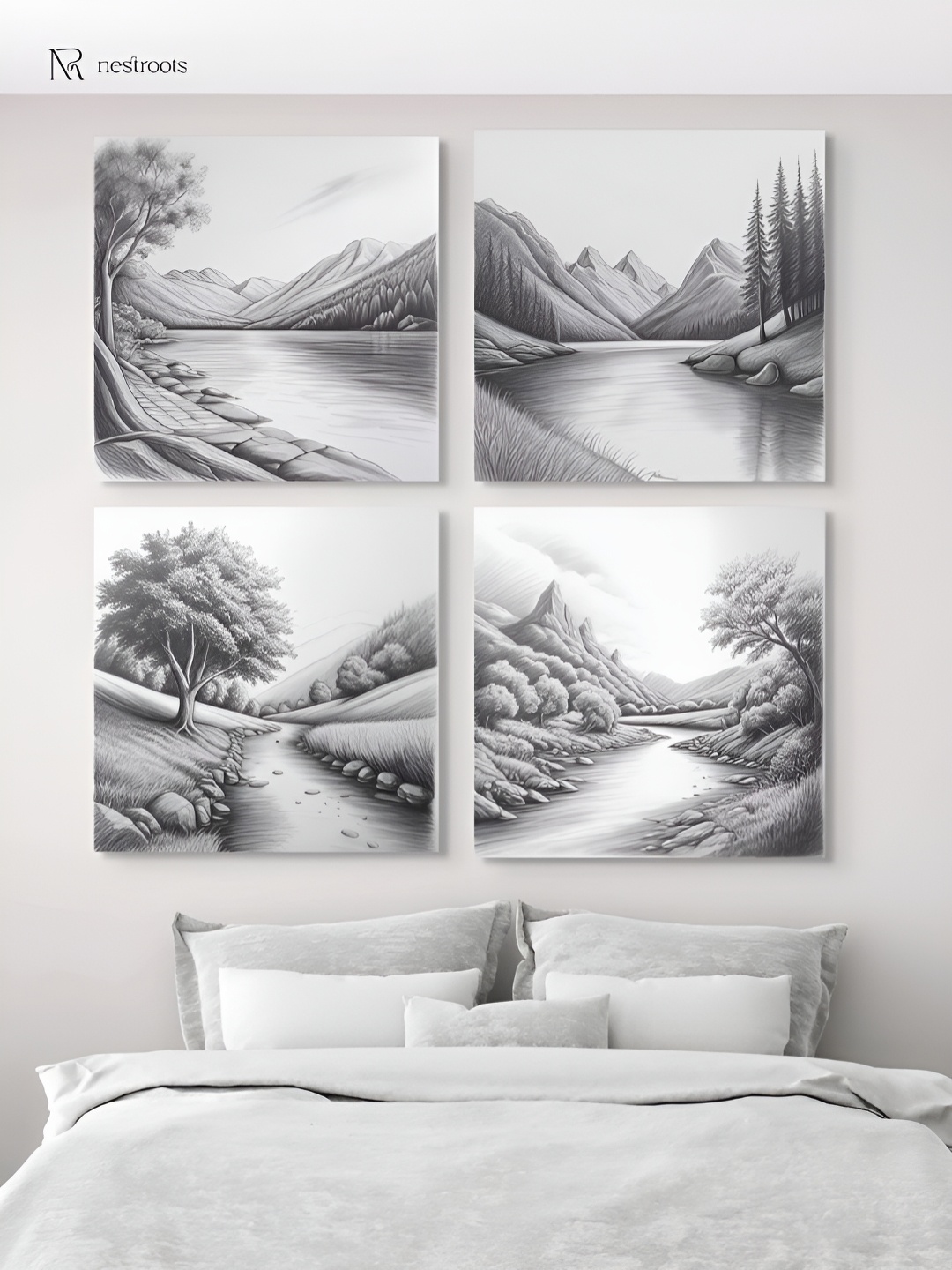 

nestroots Black & White 4 Pieces Serene River and Tree Canvas Painting Wall Arts