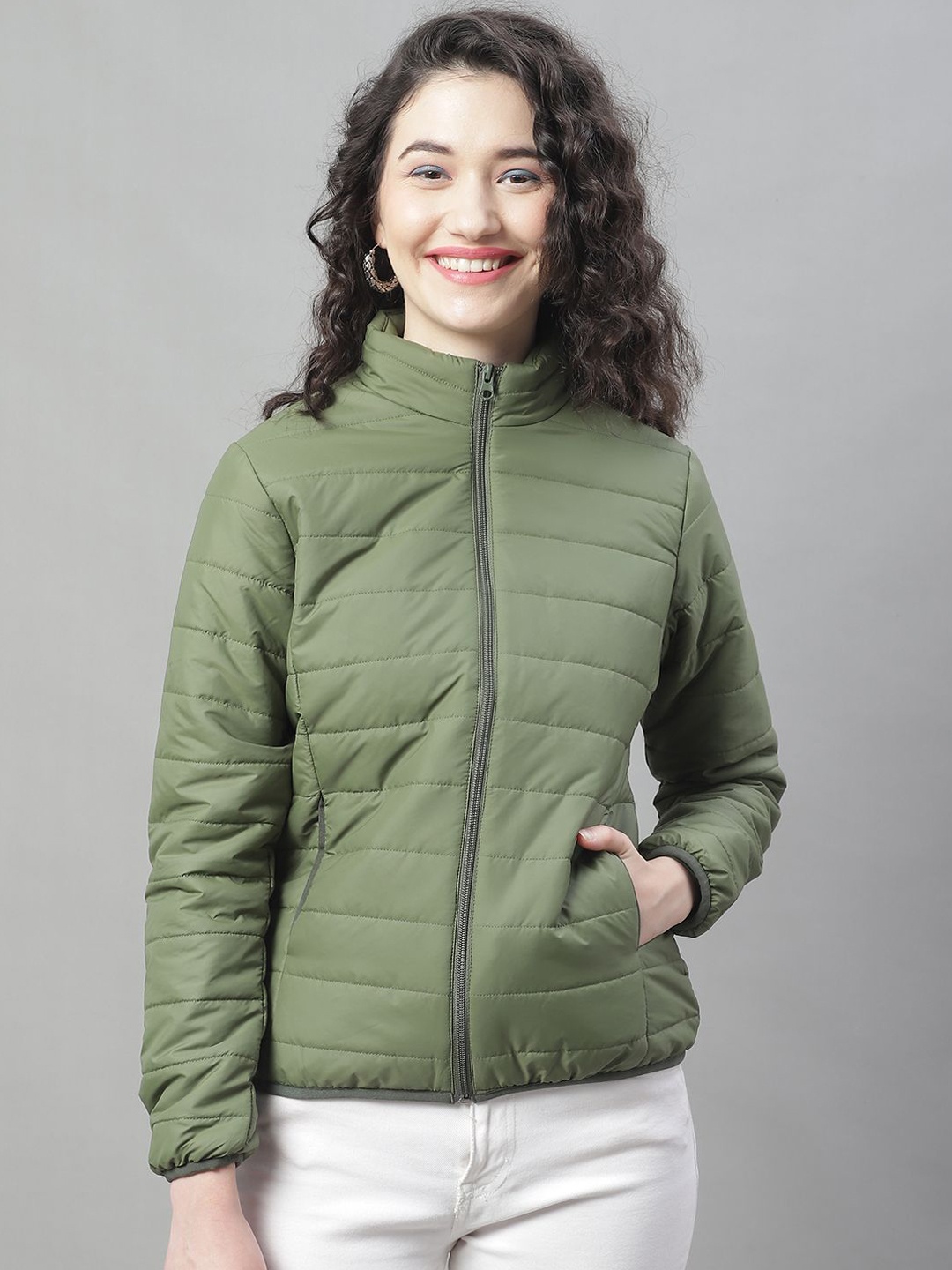 

HOUSE OF VEDAS Women Mock Collar Solid Casual Quilted Jacket, Olive