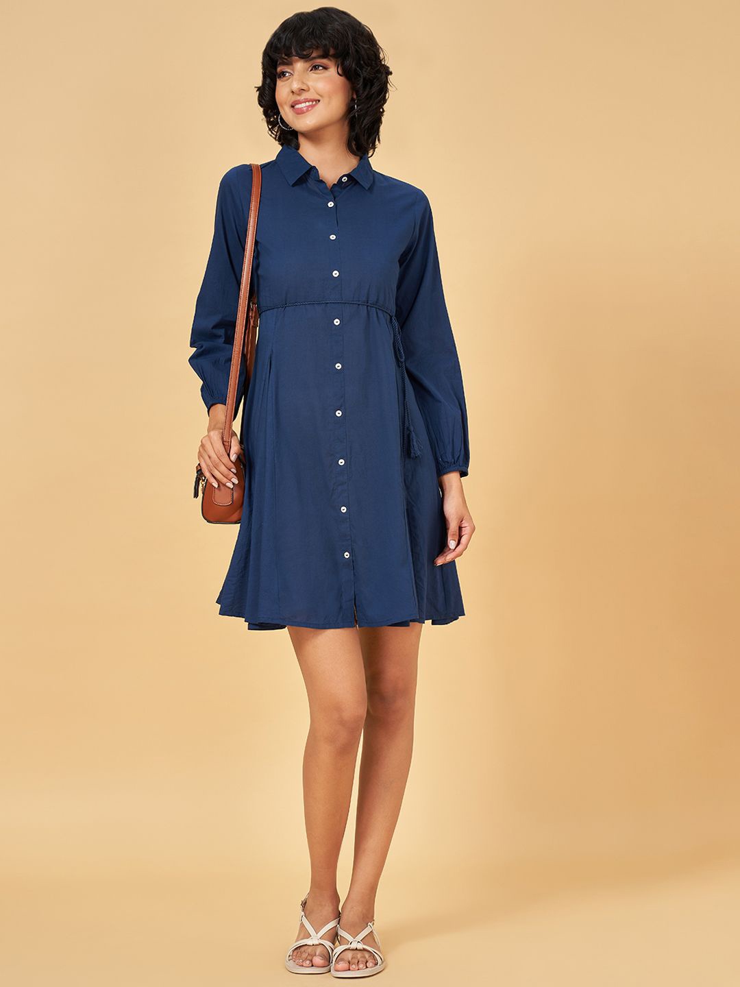 

YU by Pantaloons Cotton Solid Shirt Collar Bishop Sleeves Above Knee Shirt With Tie-Ups, Blue