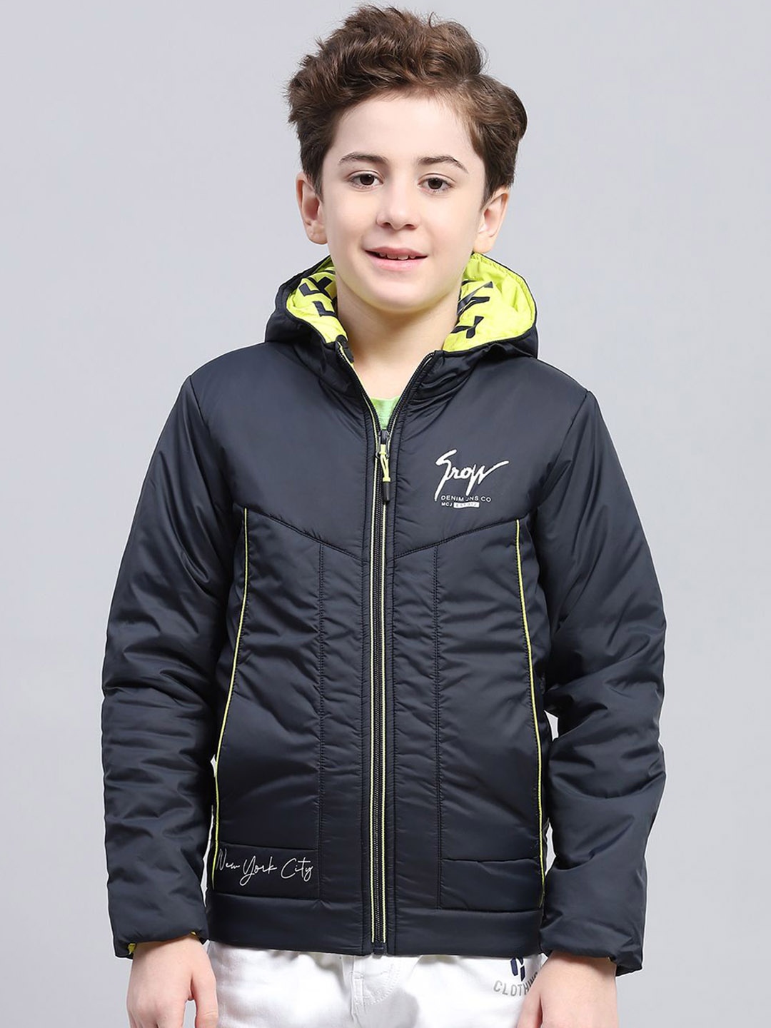 

Monte Carlo Boys Hooded Typography Printed Casual Padded Jacket, Navy blue