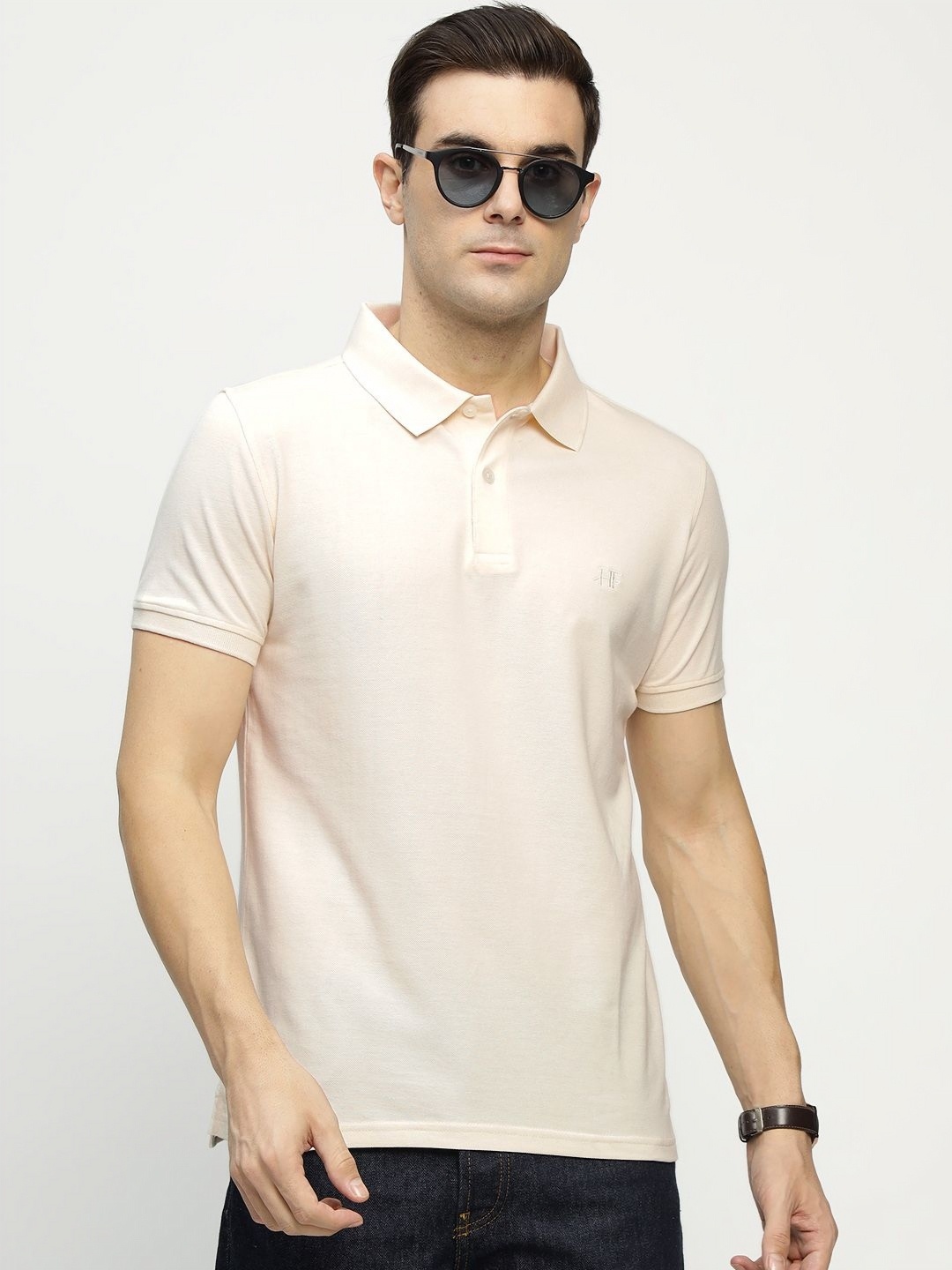 

Hancock Men Solid Polo Collar Pure Cotton Slim Fit T-shirt, Cream