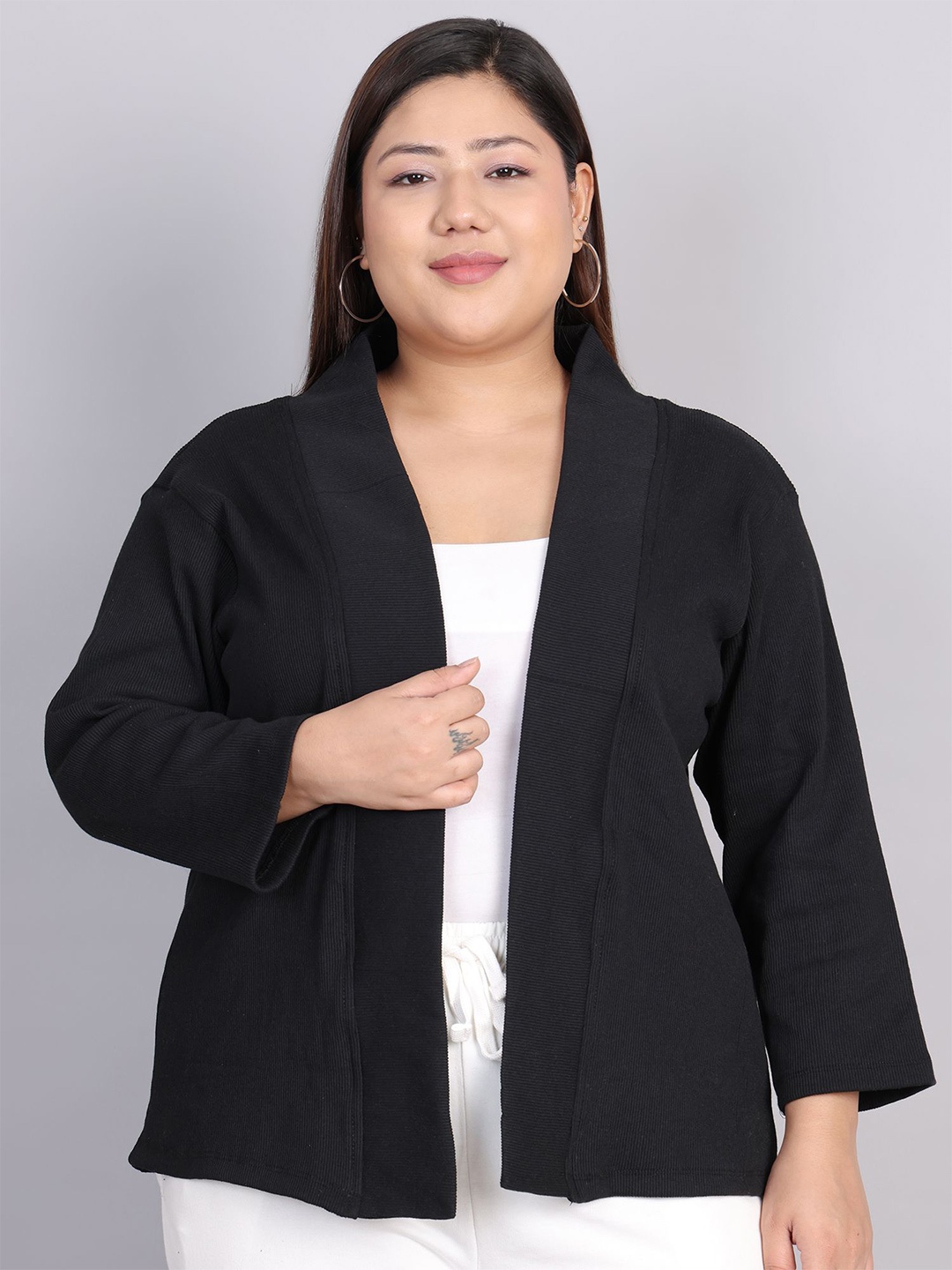 

Rute Plus Size Shawl Neck Pure Cotton Open Front Shrug, Black