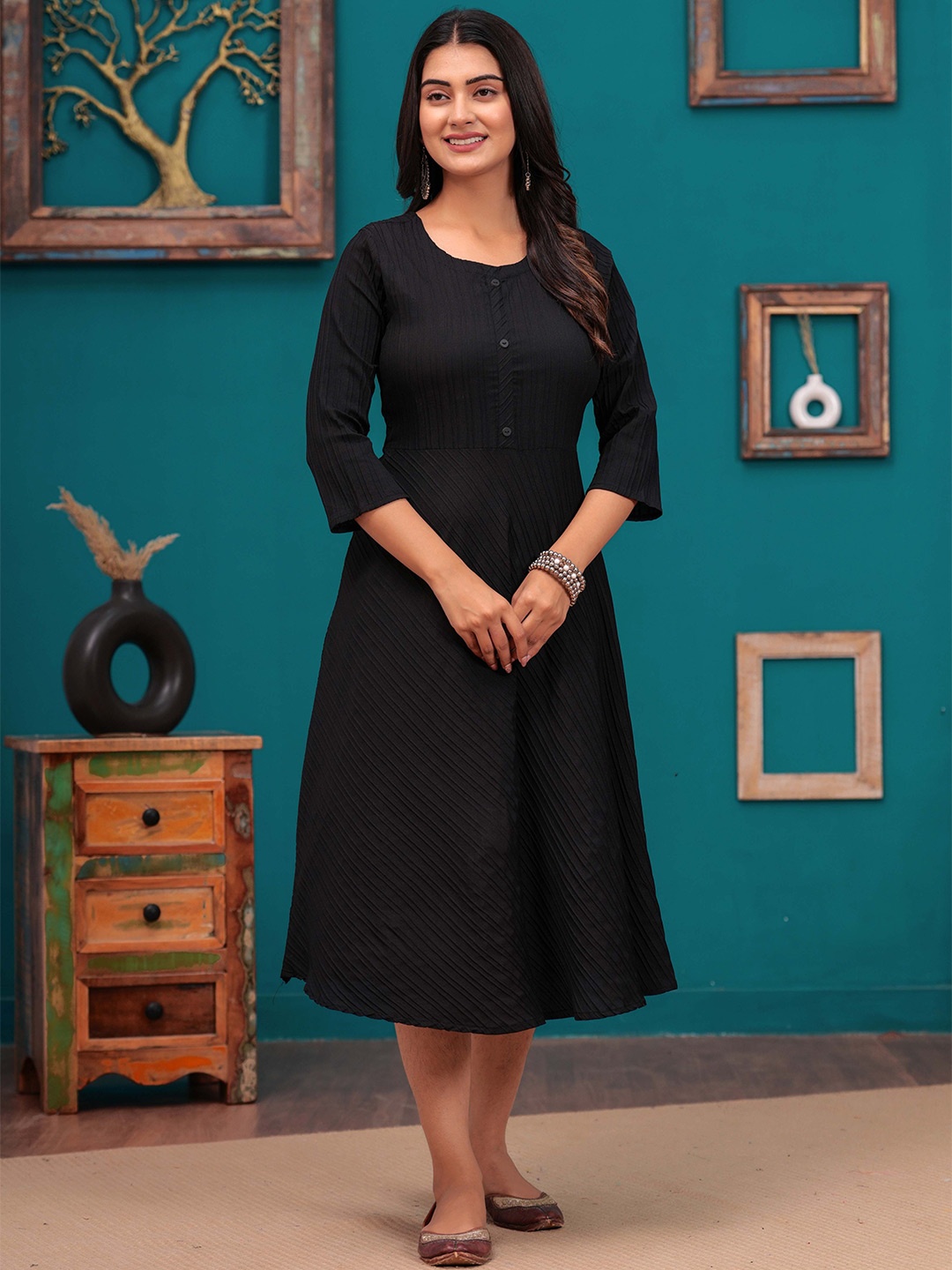 

DIZON Women Striped Round Neck Ethnic Dress, Black