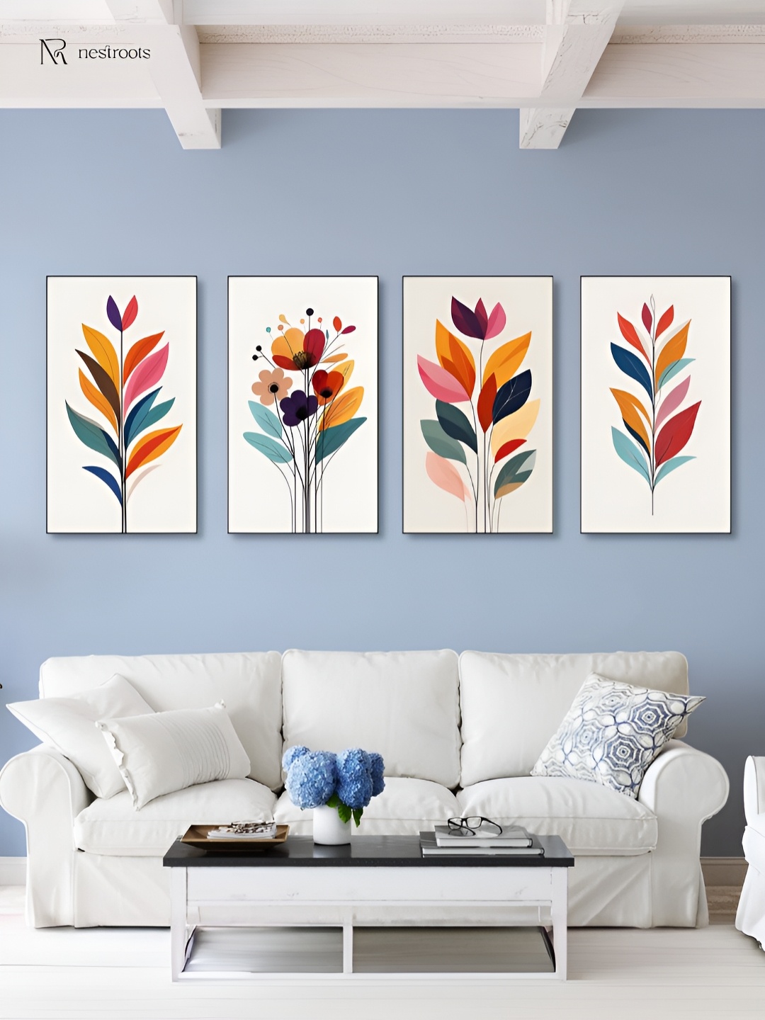 

nestroots White & Red 4 Pieces Flowers Canvas Painting Wall Arts