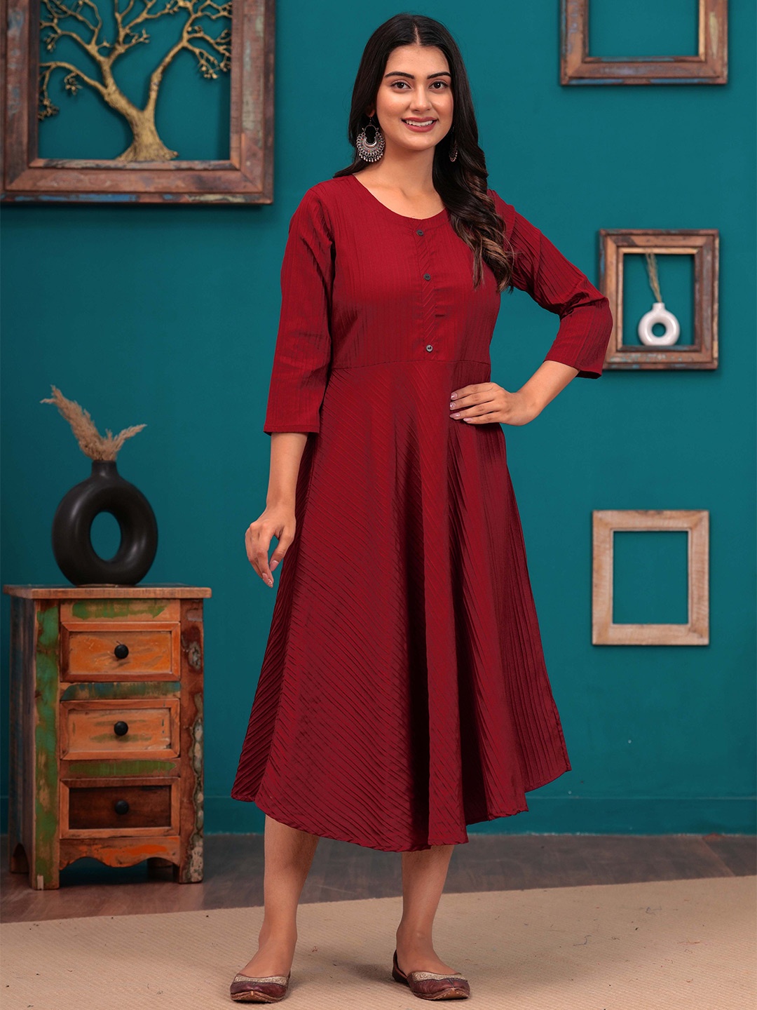 

DIZON Women Striped A-Line Ethnic Dress, Maroon