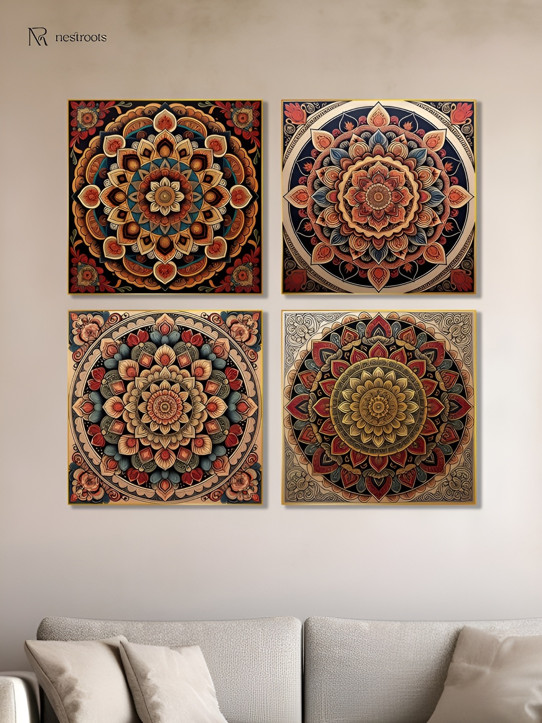 

nestroots Beige & Blue 4 Pieces Vibrant Ornate Painting Canvas Wall Art