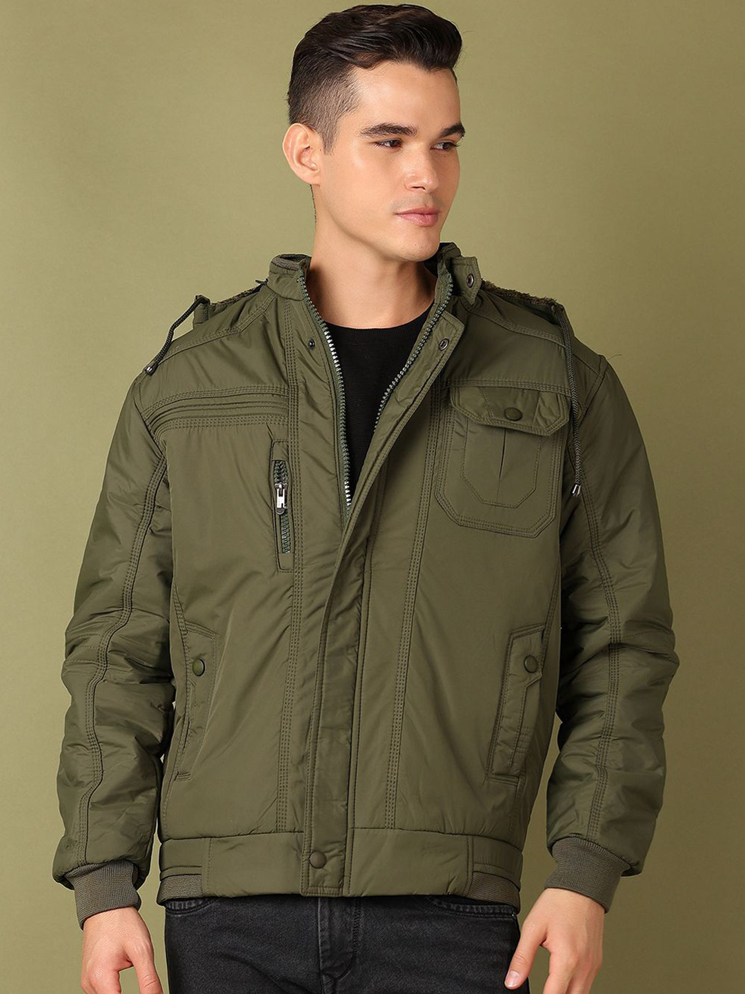 

V-Mart Men Hooded Solid Cotton Casual Bomber Jacket, Green