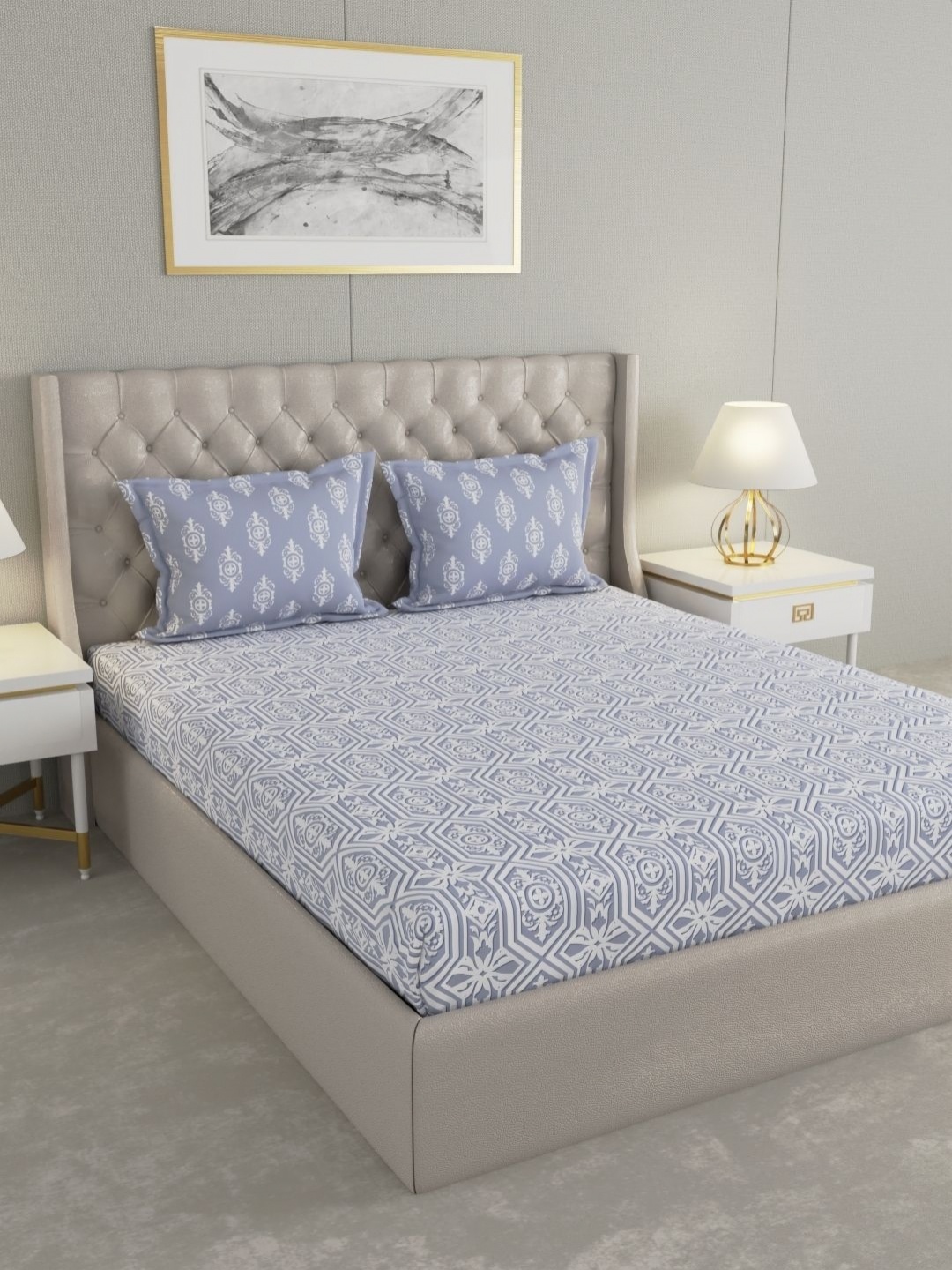 

Raymond Home MYSTIQUE Purple Printed Cotton 110 TC Queen Bedsheet Set 2.54 x 2.24m