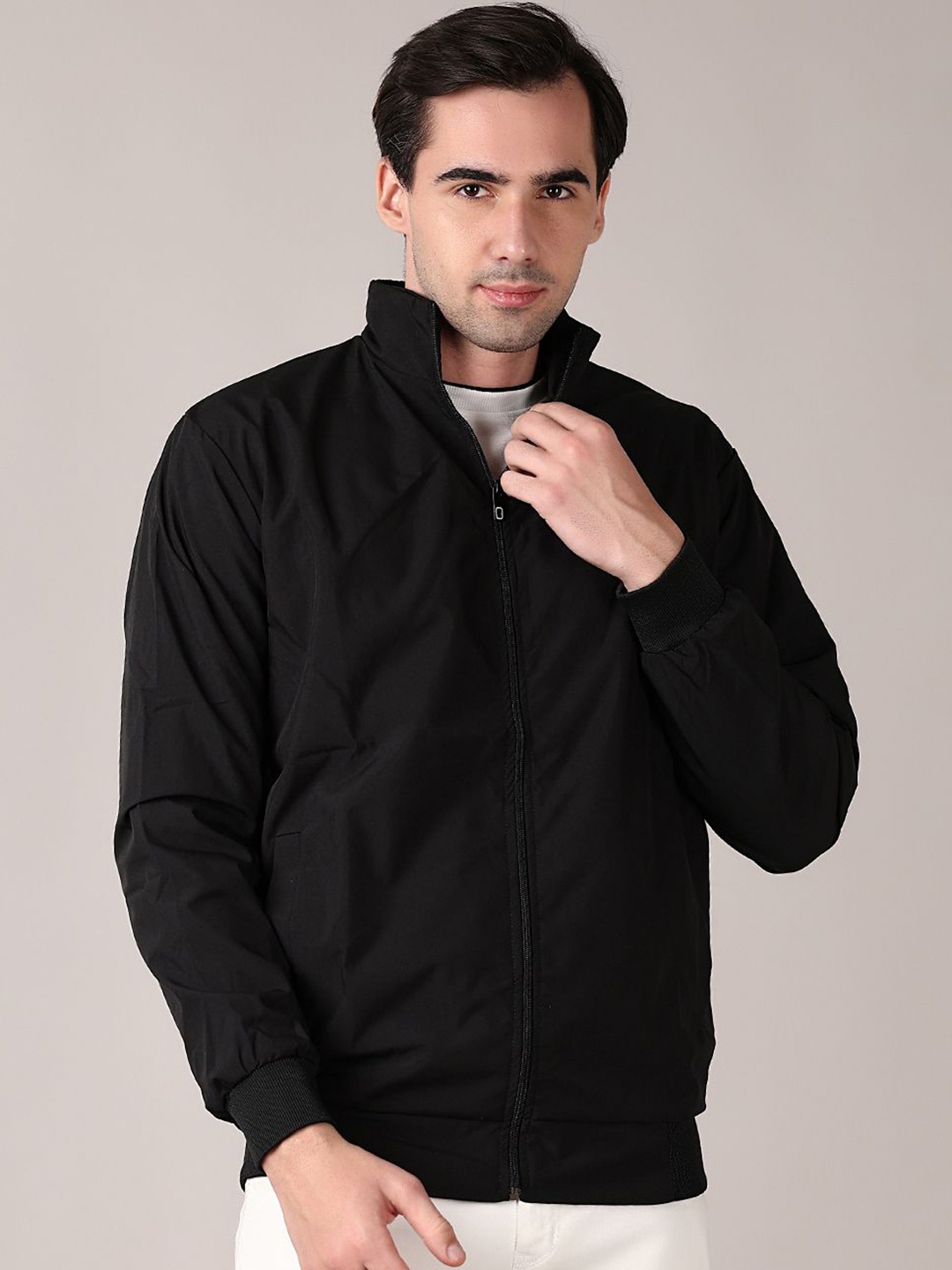 

V-Mart Men Mock Collar Solid Cotton Casual Bomber Jacket, Black