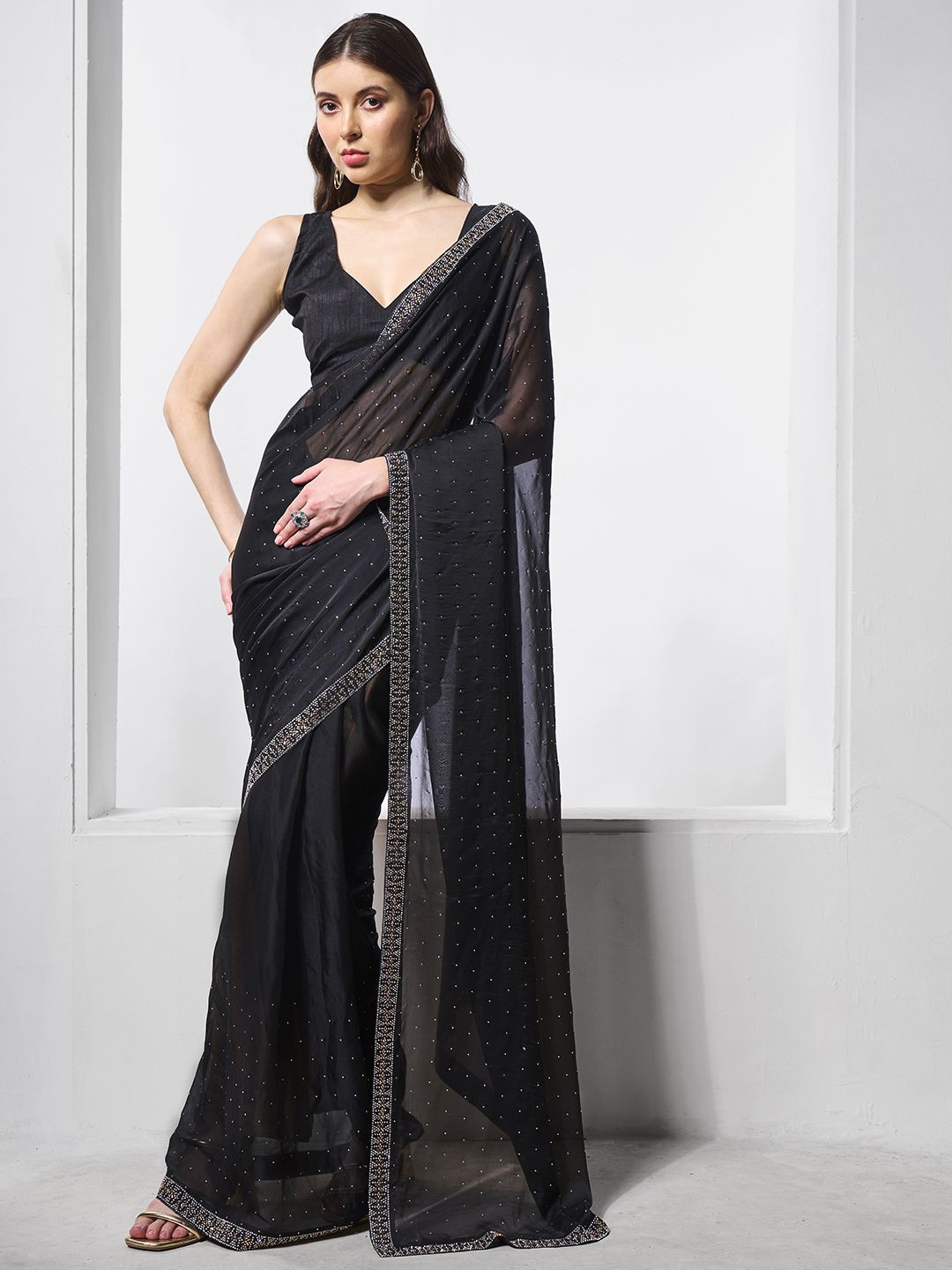 

Kalista Embellished Beads and Stones Pure Chiffon Ready to Wear Saree, Black