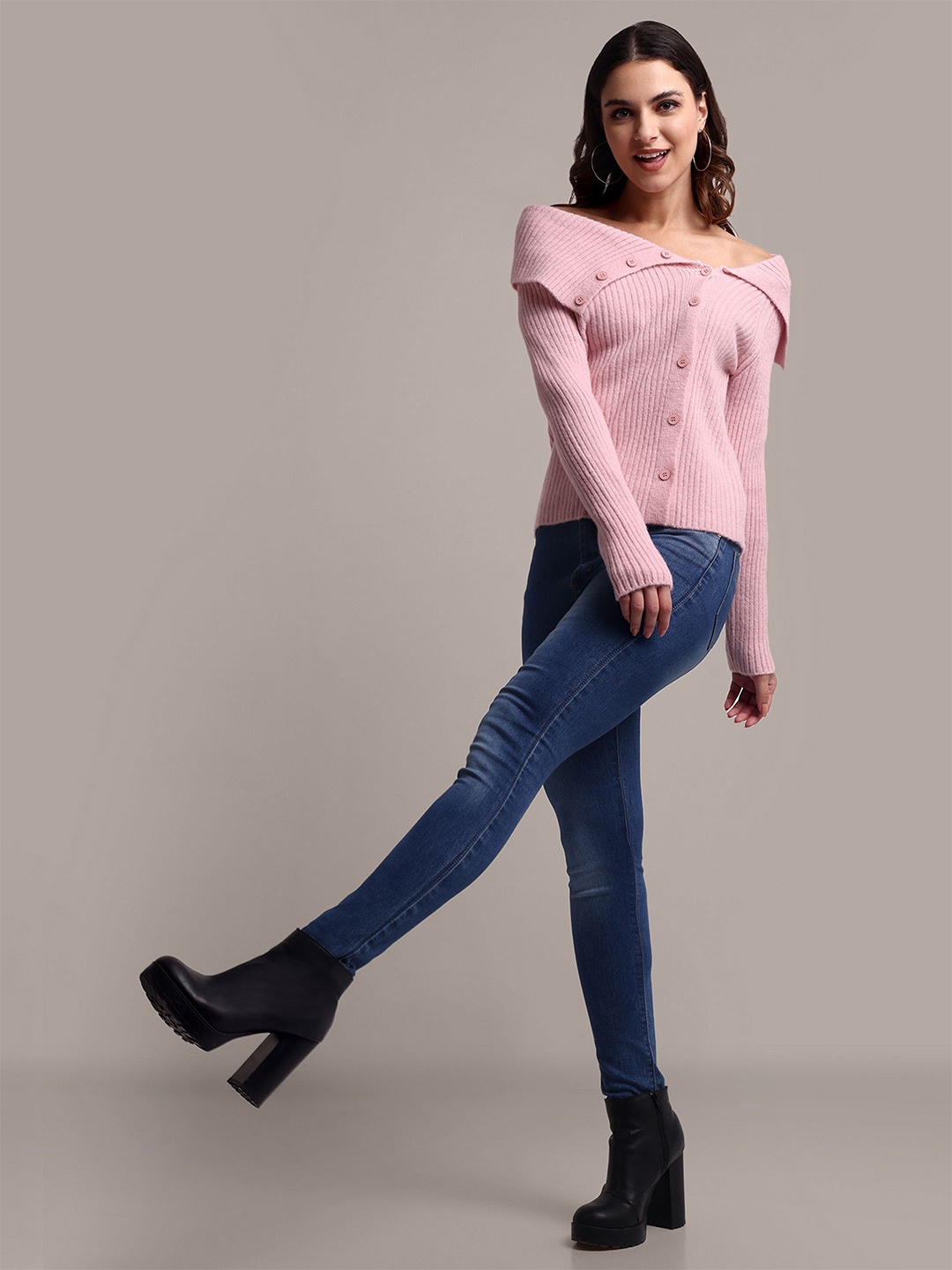 

iki chic Women Ribbed Woollen Cardigan, Pink