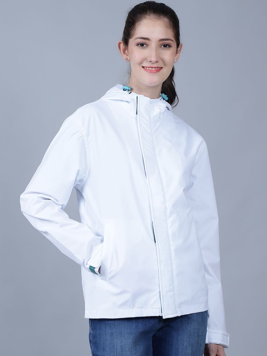 

HOUSE OF VEDAS Women Hooded Solid Casual Bomber Jacket, White