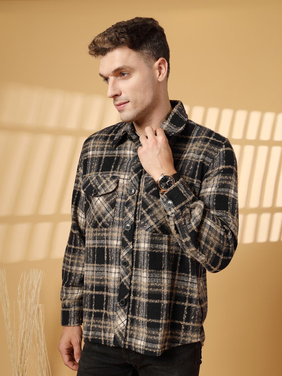 

CHKOKKO Checked Woolen Spread Collar Long Sleeve Shirt, Black