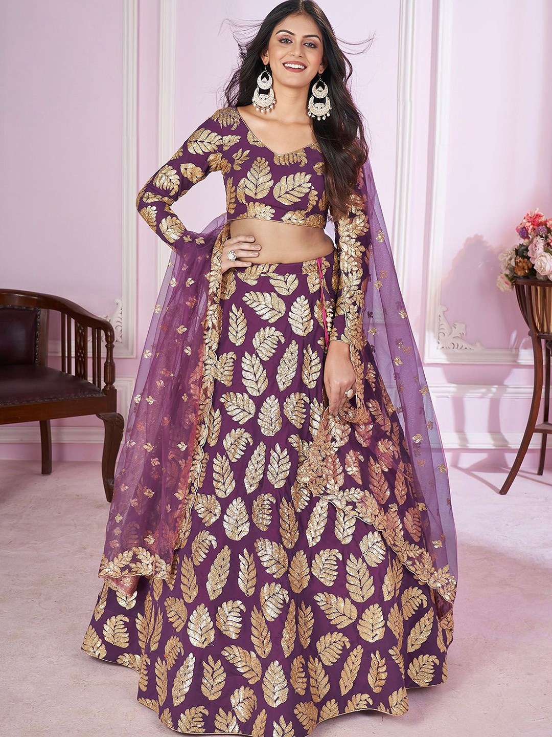 

ODETTE Embellished Semi-Stitched Lehenga & Unstitched Blouse With Dupatta, Purple