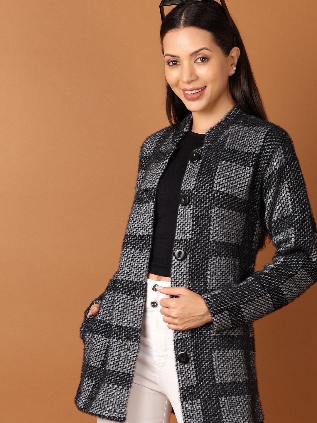 

V-Mart Women Black and Grey Checked Long Sleeves Front open Cardigan Sweaters