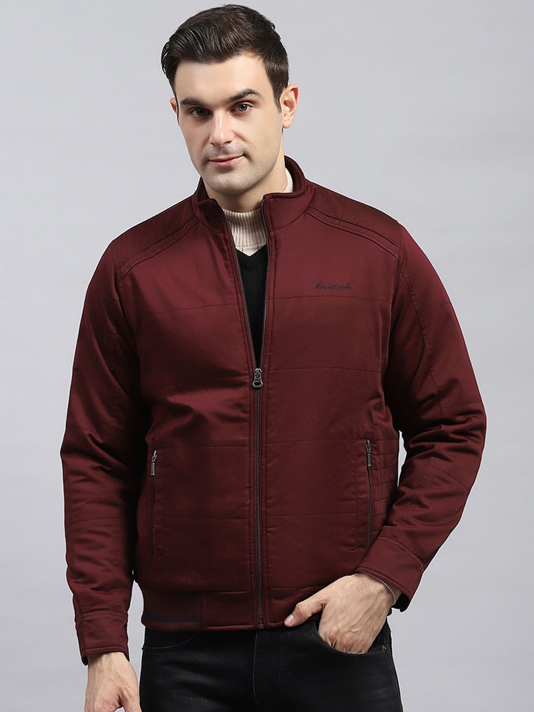 

Monte Carlo Men Mock Collar Solid Cotton Casual Padded Jacket, Maroon