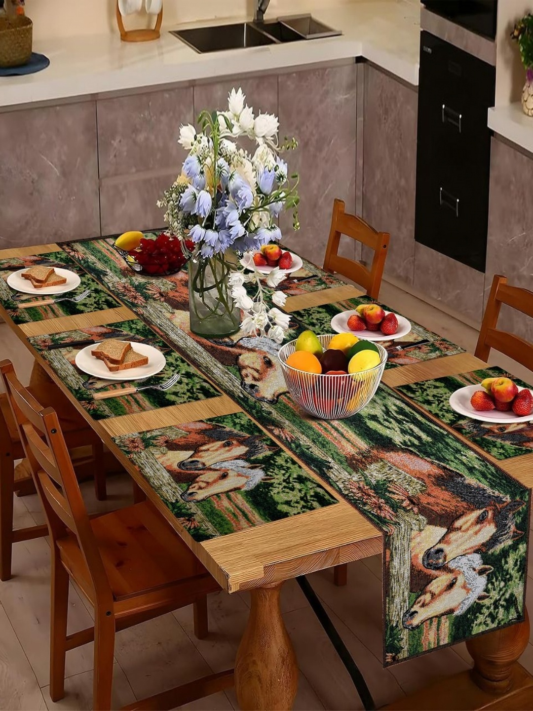 

PRAKARTIK Set of 7 Brown Rectangle Shaped Printed Dining Table Mats With Runner, Green