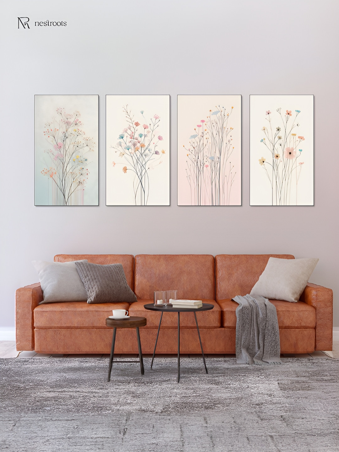 

nestroots White & Blue 4 Pieces Floral Symphony Canvas Paintings Wall Arts