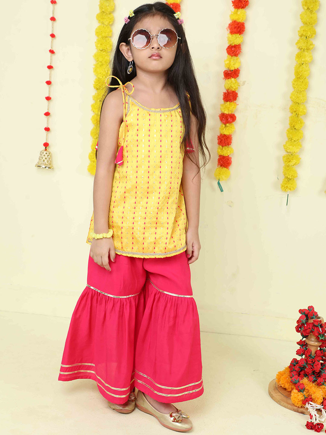 

The Magic Wand Girls Ethnic Motifs Embroidered Straight Kurta with Sharara, Yellow
