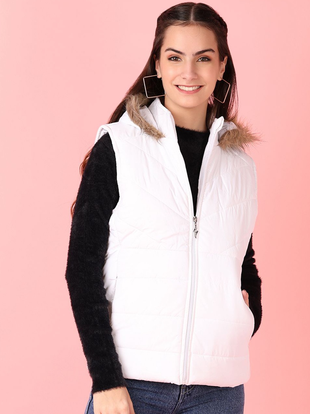 

V-Mart Women Hooded Solid Cotton Casual Parka Jacket, White