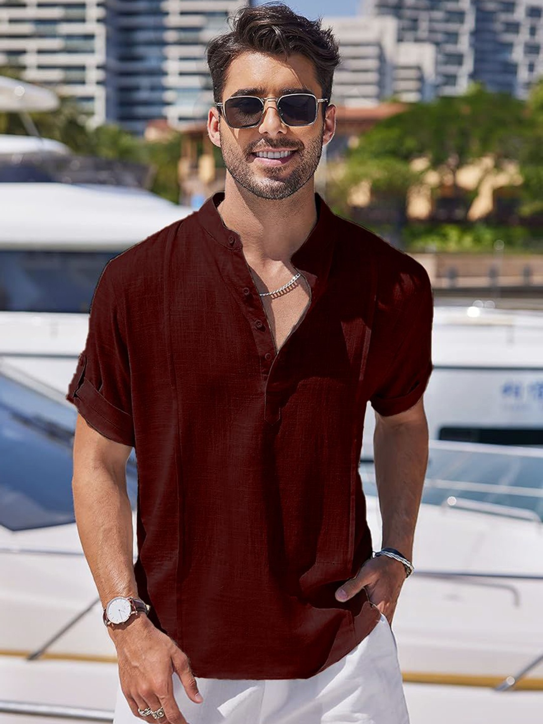 

Anouk Maroon Mandarin Collar Roll-Up Sleeves Straight Kurta