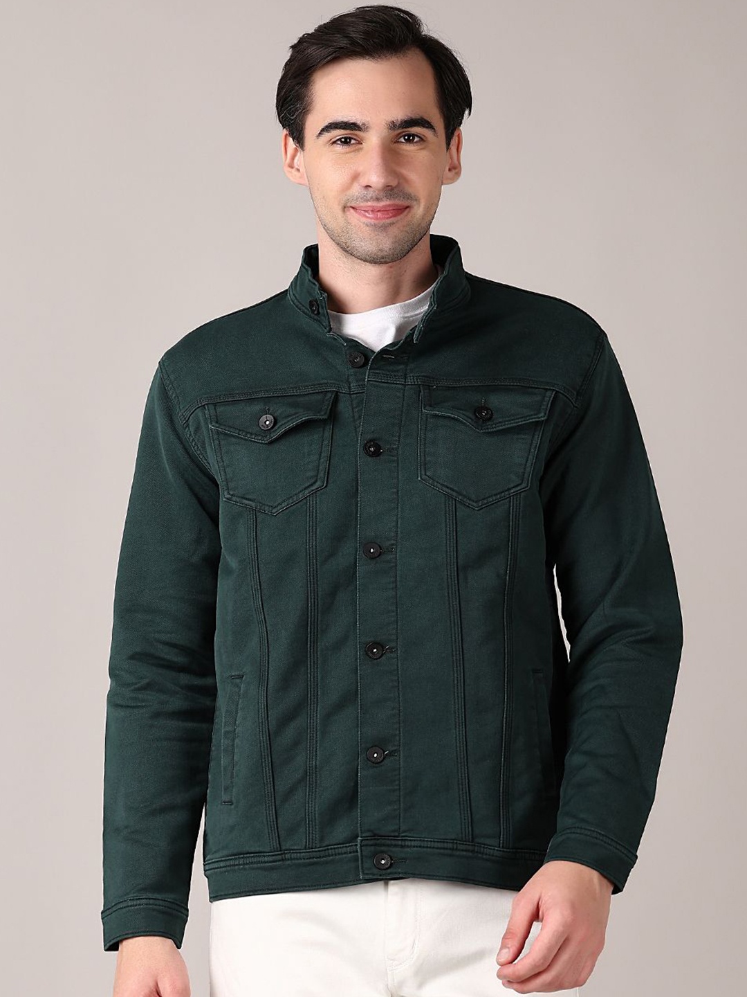 

V-Mart Men Mandarin Collar Solid Denim Casual Jacket, Green