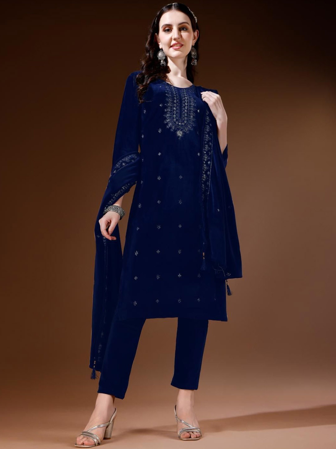 

KALINI Floral Embroidered Sequinned Straight Kurta with Trouser & Dupatta, Blue