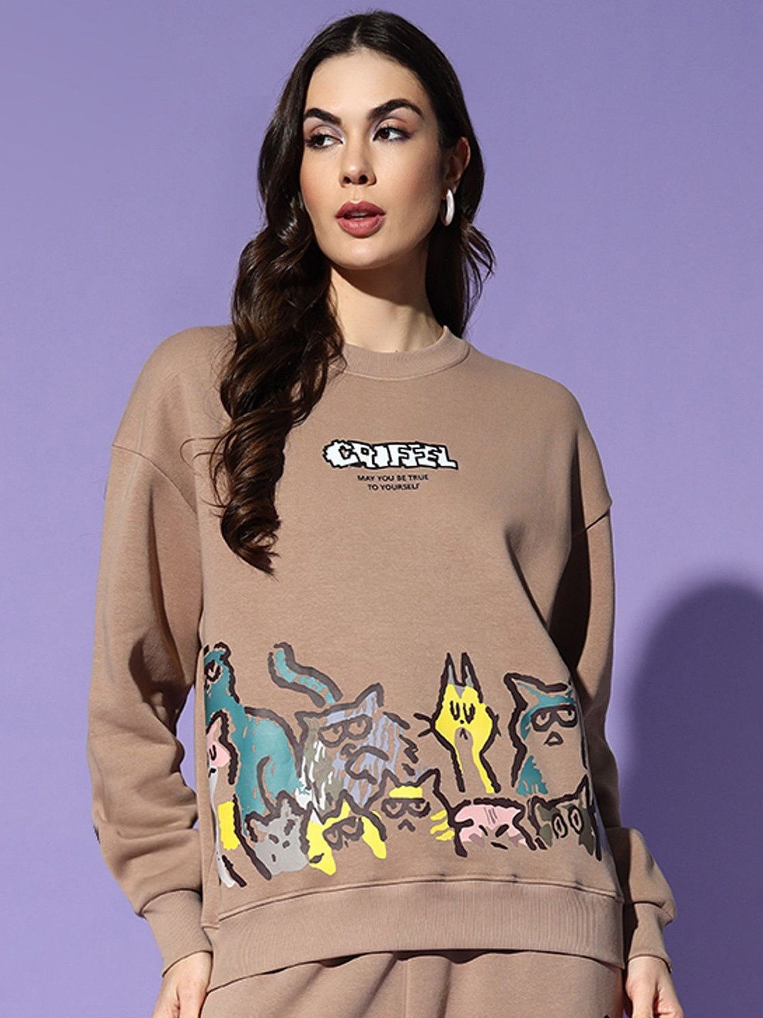 

GRIFFEL Women Printed Round Neck Sweatshirt, Camel brown