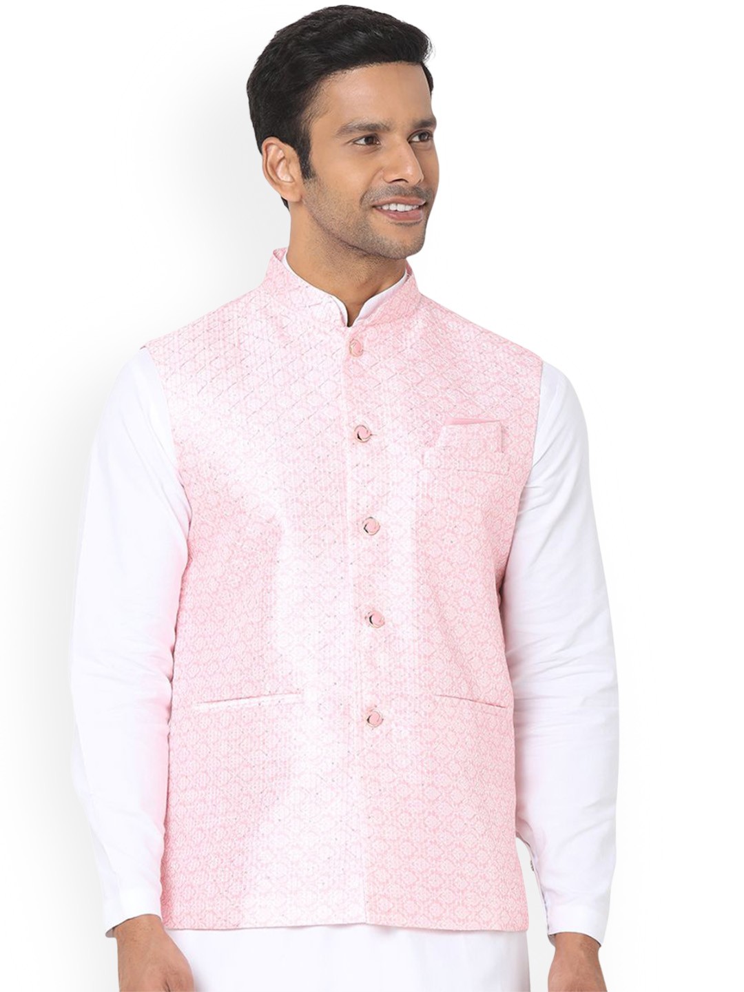 

SALWAR STUDIO Men Woven Design Nehru Jackets, Pink