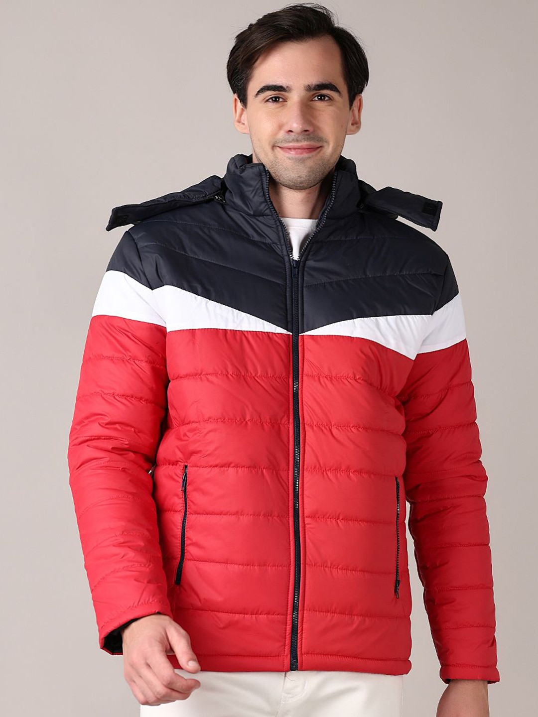 

V-Mart Men Hooded Colourblocked Cotton Casual Padded Jacket, Red