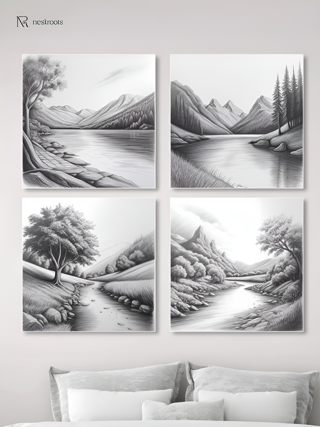 

nestroots Black & White 4 Pieces Serene River and Tree Art Canvas Wall Paintings