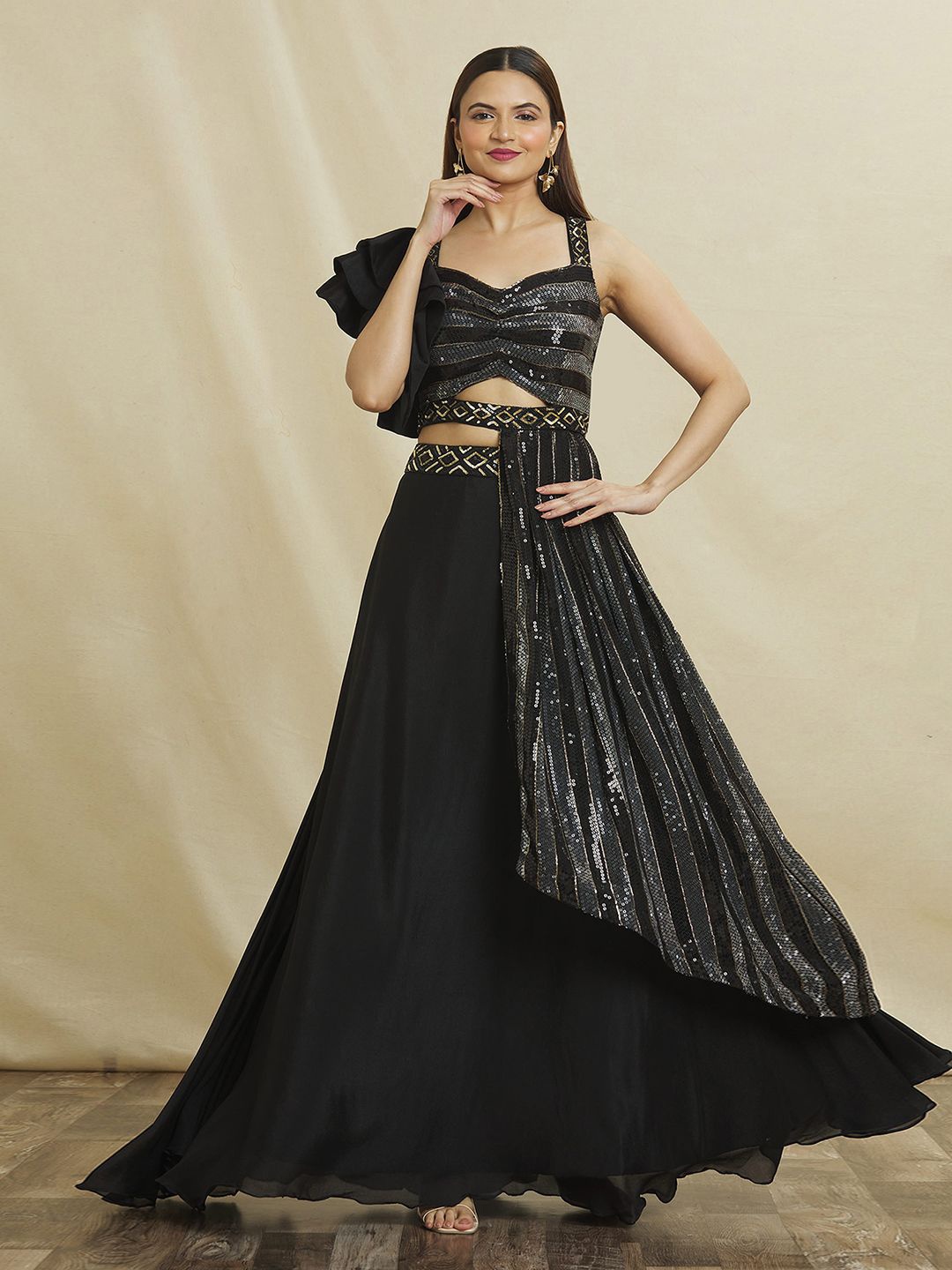 

Samyukta Singhania Embellished Sequinned Ready to Wear Lehenga &, Black