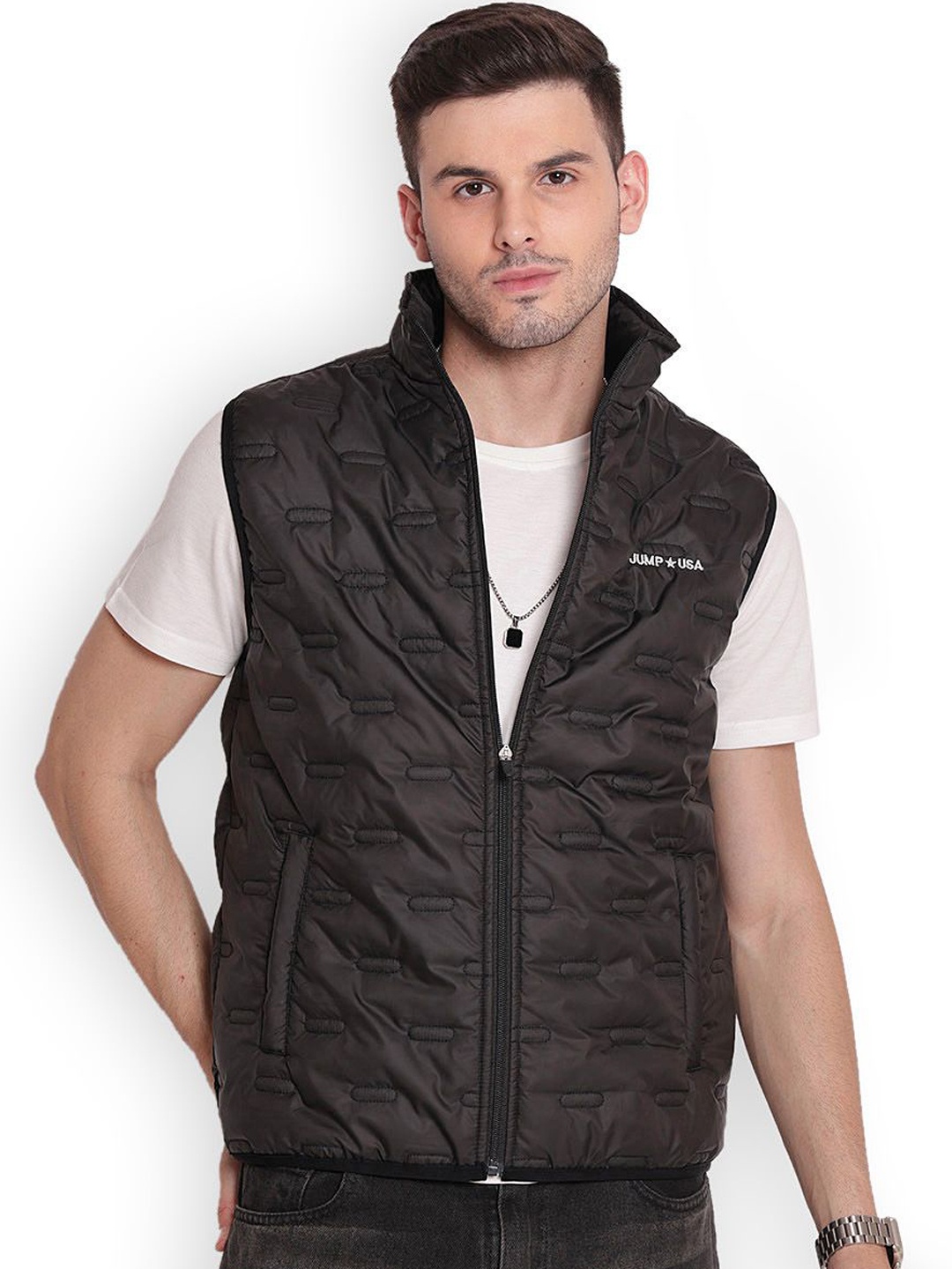 

JUMP USA Men Mock Collar Solid Casual Quilted Jacket, Black