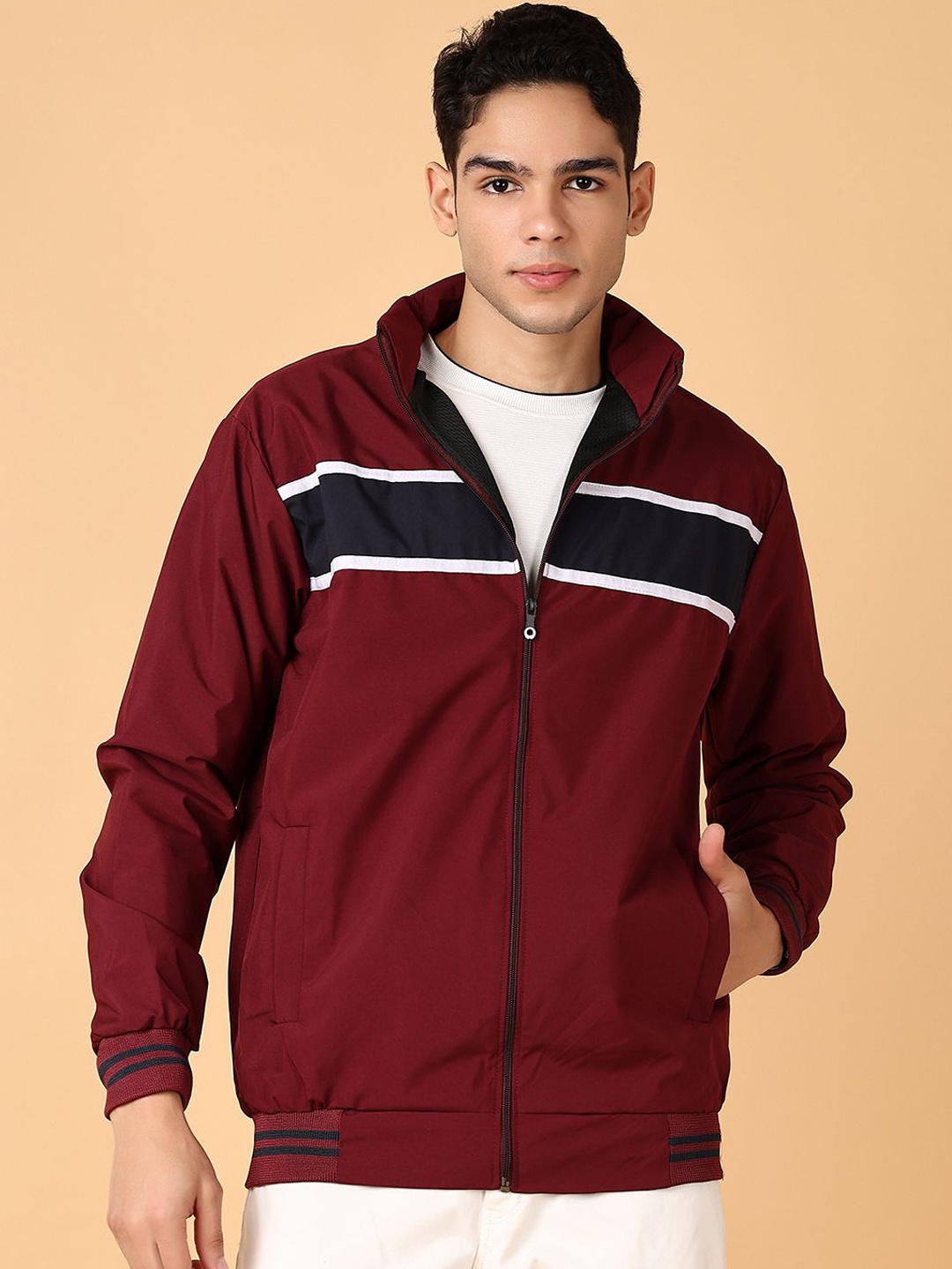 

V-Mart Men Mock Collar Colourblocked Cotton Casual Bomber Jacket, Maroon