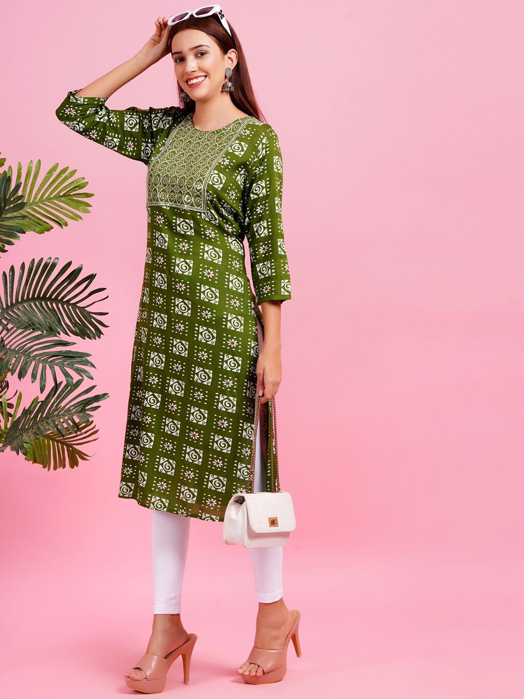 

KALINI Geometric Printed Mirror Work Cotton Straight Kurta, Green
