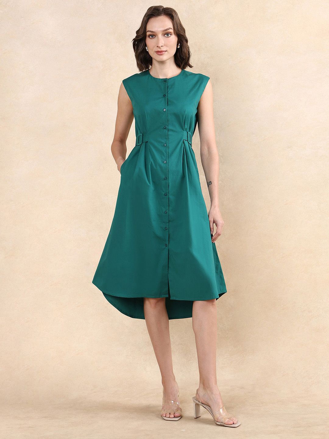 

RAREISM Women Round Neck Cotton A-Line Dress, Green