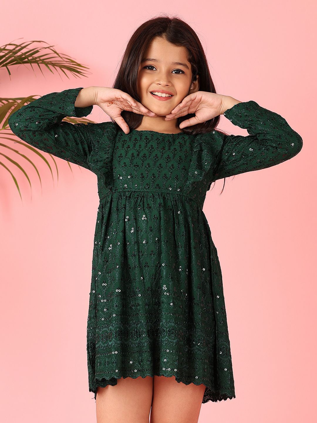 

V-Mart Girls Green Round Neck Three-Quarter Sleeves Above Knee Fit & Flare Dress
