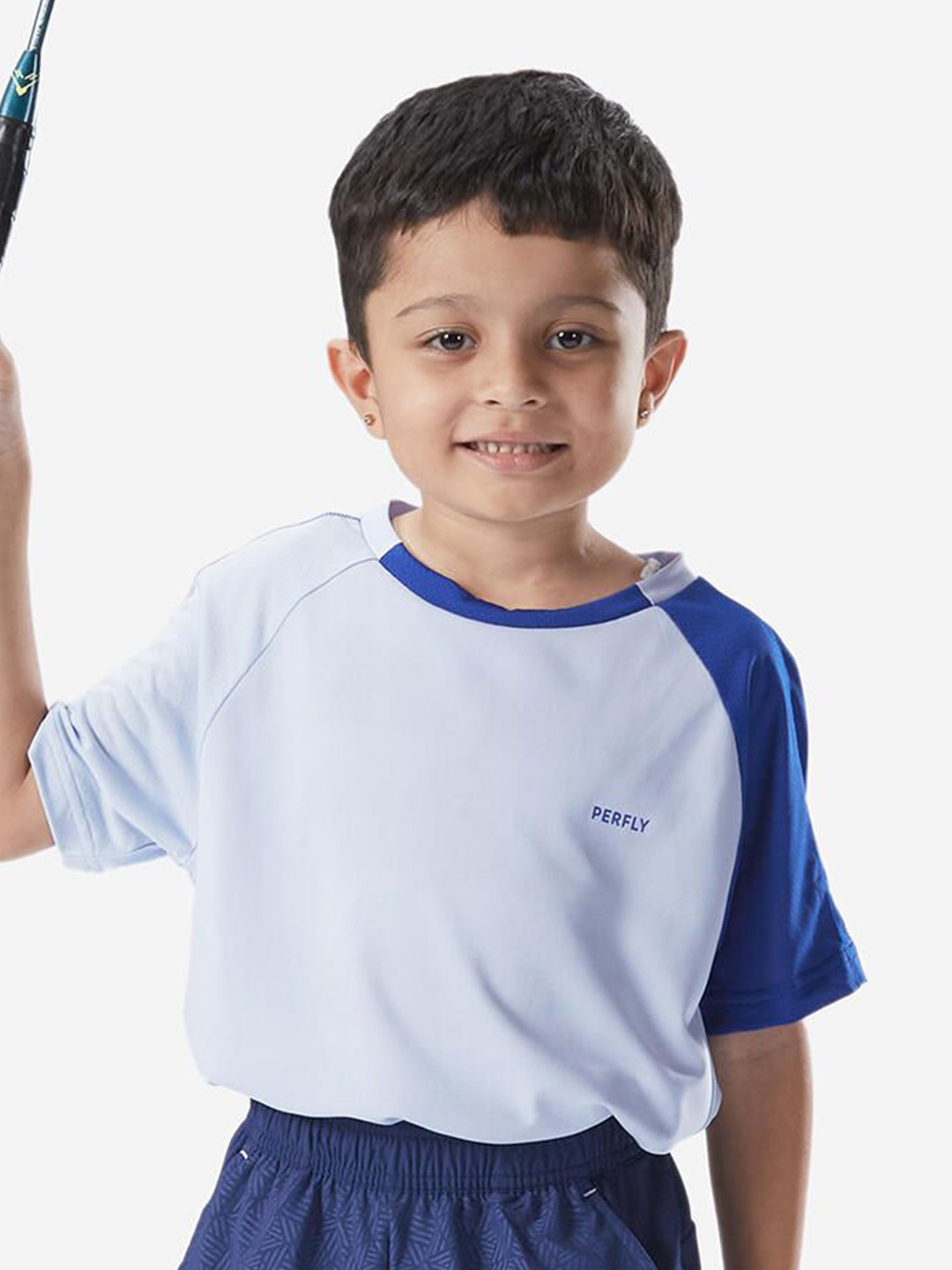 

PERFLY By Decathlon Kids Unisex Blue Colourblocked Badminton T-Shirt, White
