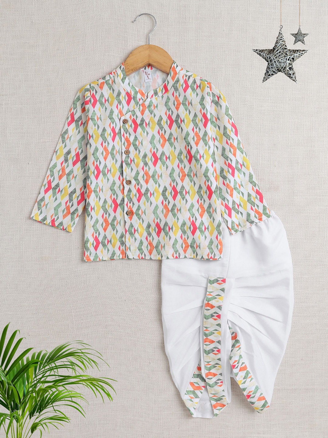 

The Magic Wand Boys Geometric Printed Straight Kurta with Dhoti Pants, White