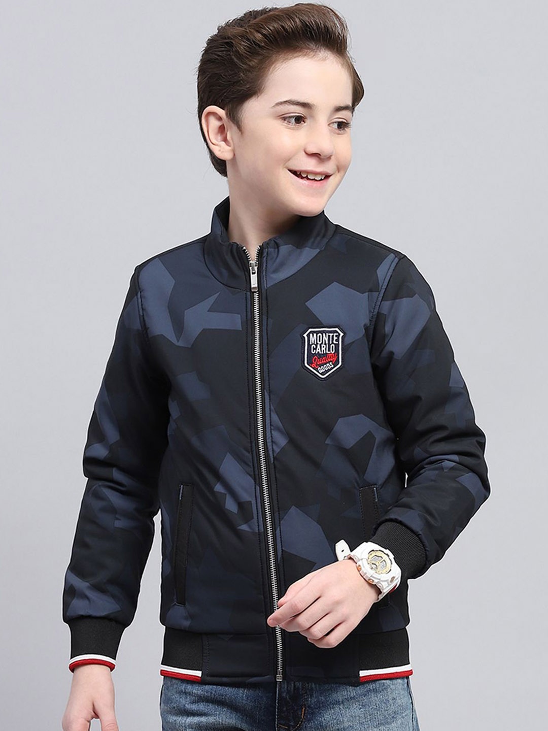 

Monte Carlo Boys Mock Collar Camouflage Printed Casual Bomber Jacket, Navy blue