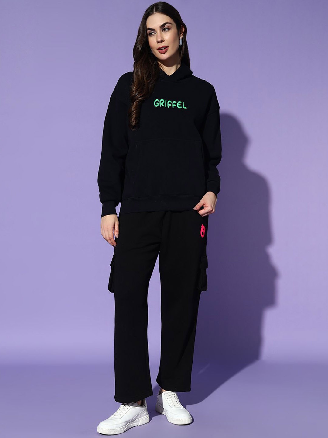 

GRIFFEL Women Graphic Printed Oversized Tracksuits, Black