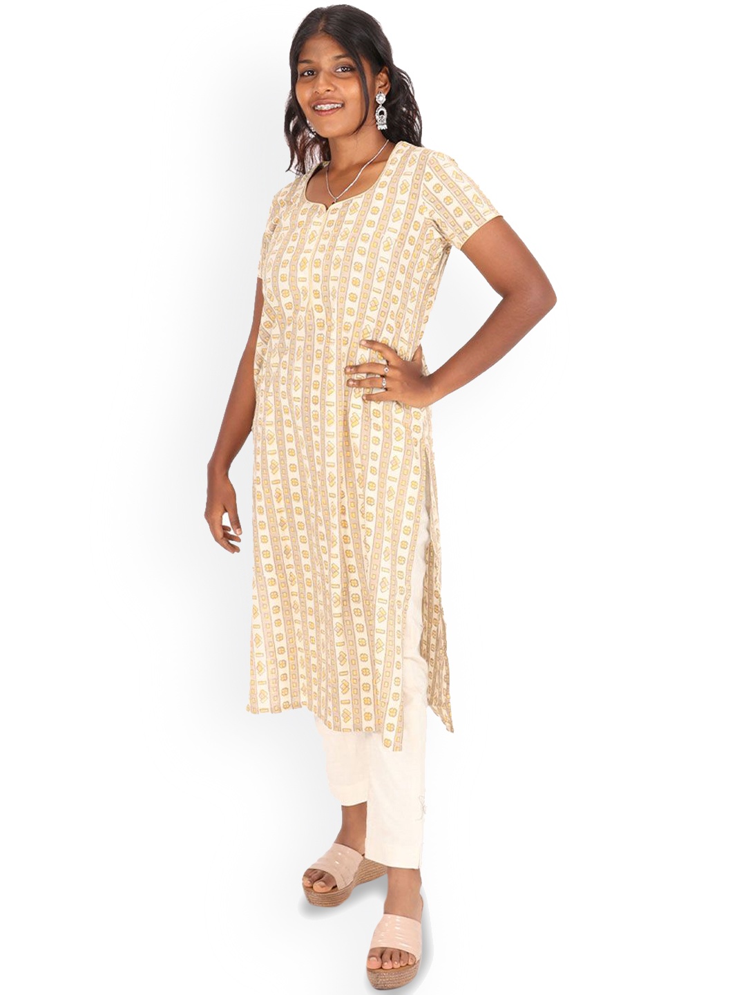 

Avishya Geometric Printed Pure Cotton Straight Kurta, Beige