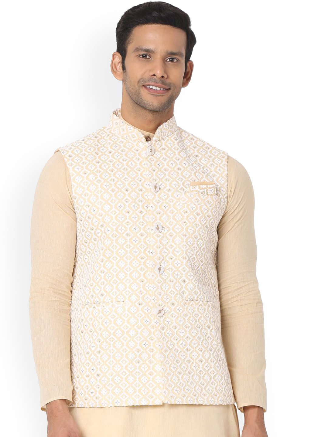 

SALWAR STUDIO Men Embroidered Nehru Jackets, Beige
