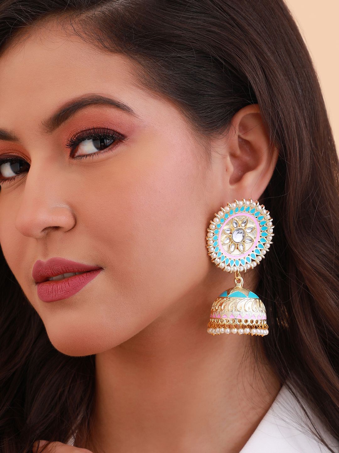

SOHI Gold Plated Stone Studded & Beaded Dome Shaped Jhumkas
