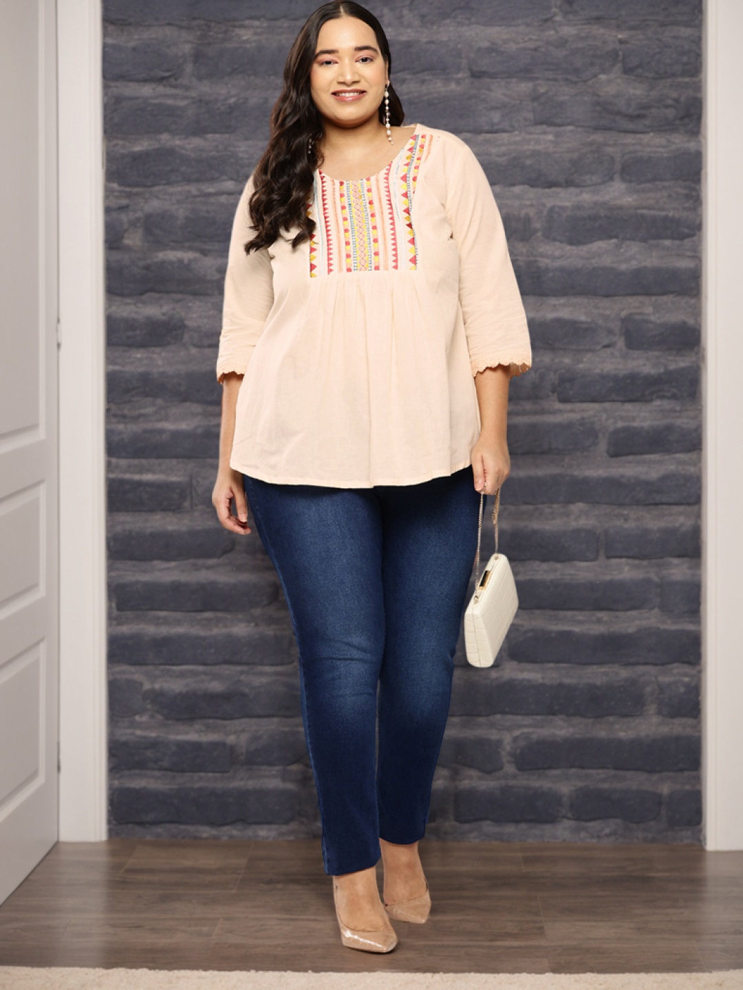 

Sztori Plus Size Pure Cotton Embroidered Kurti, Peach