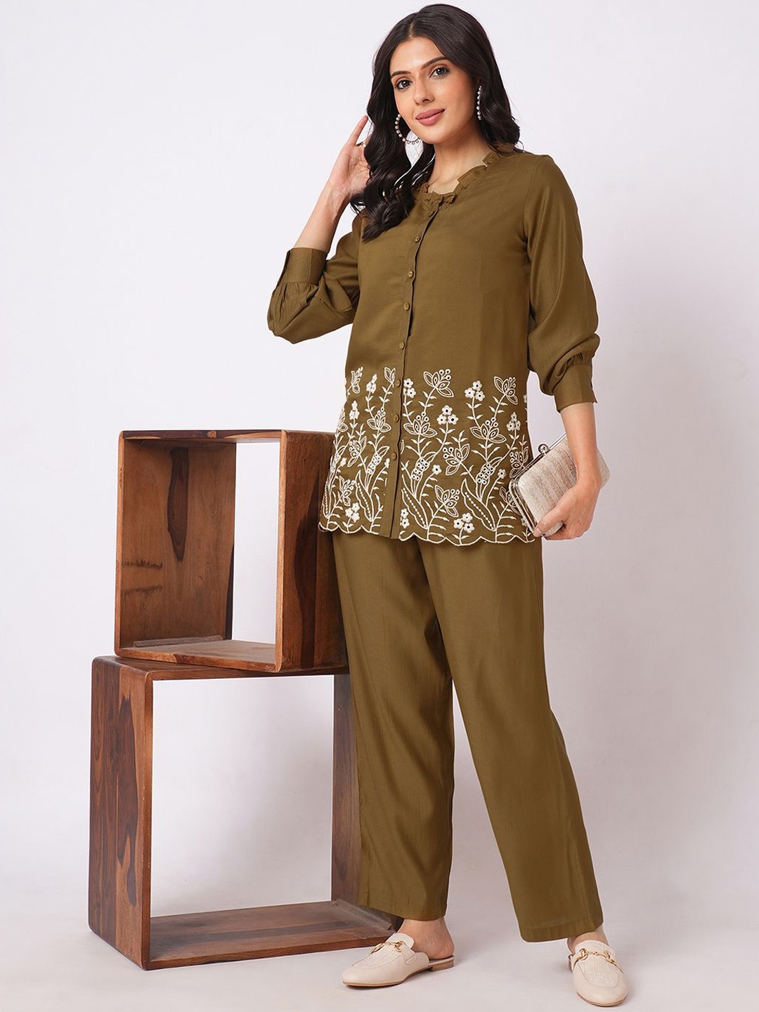 

KALINI Floral Embroidered V-Neck Long Sleeves Shirt With Trouser, Yellow