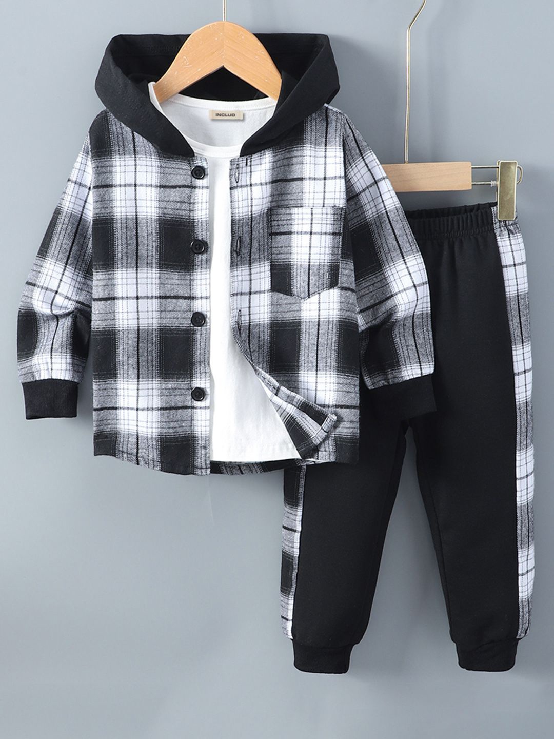 

INCLUD Boys Checked Hooded Flannel Shacket With Joggers, Black