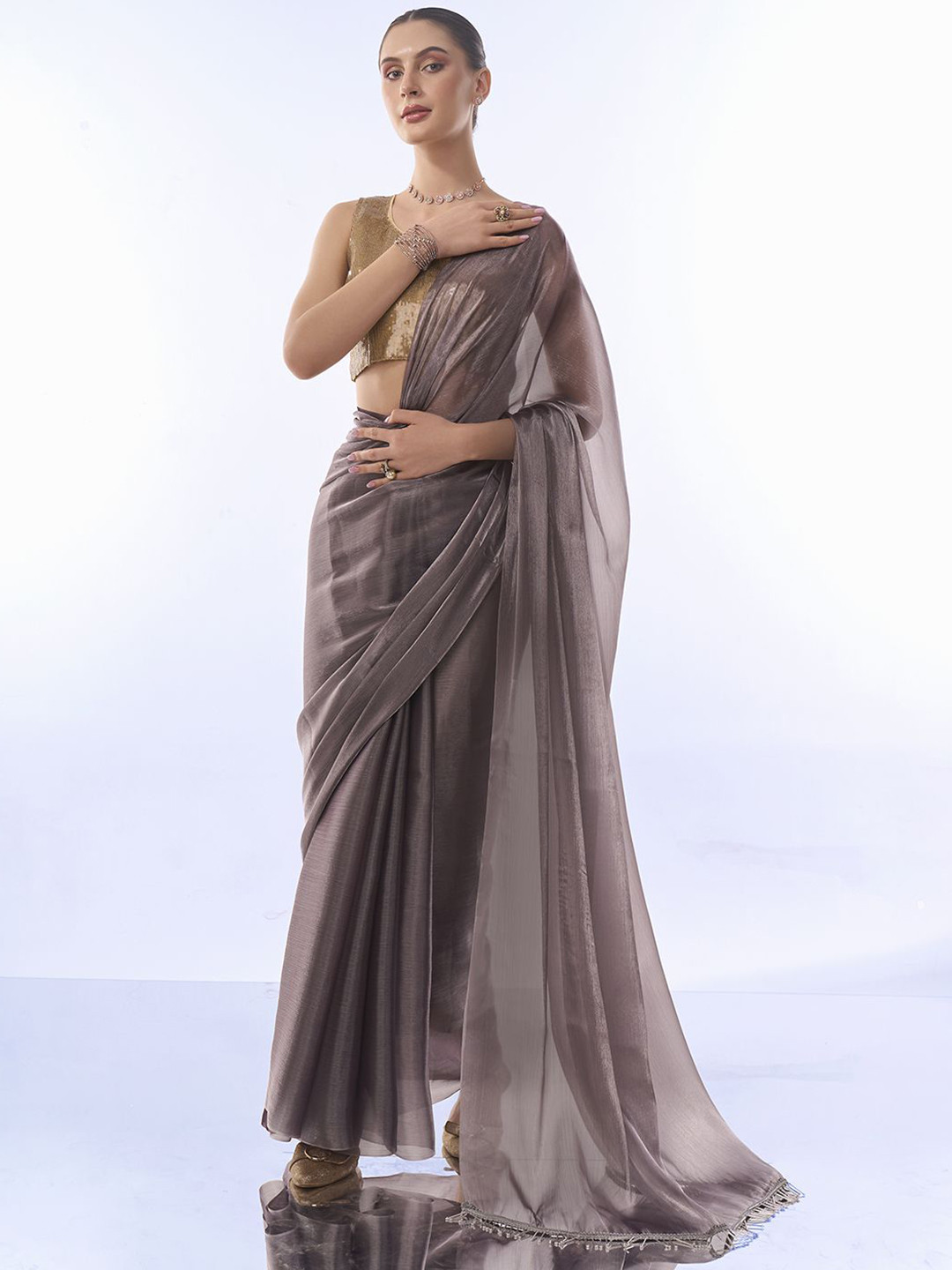 

Kalista Solid Embellished Pure Chiffon Ready to Wear Saree With Tassels, Grey melange